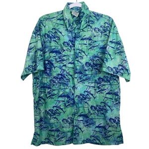 Rum Reggae Hawaiian Fish Print Button Up Shirt Mens L Tropical Fishing Camp